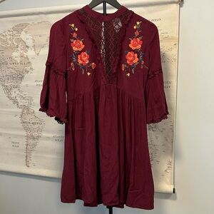 Self Esteem Burgundy Embroidered Boho Dress with Lace Detail Size L Fall Dress